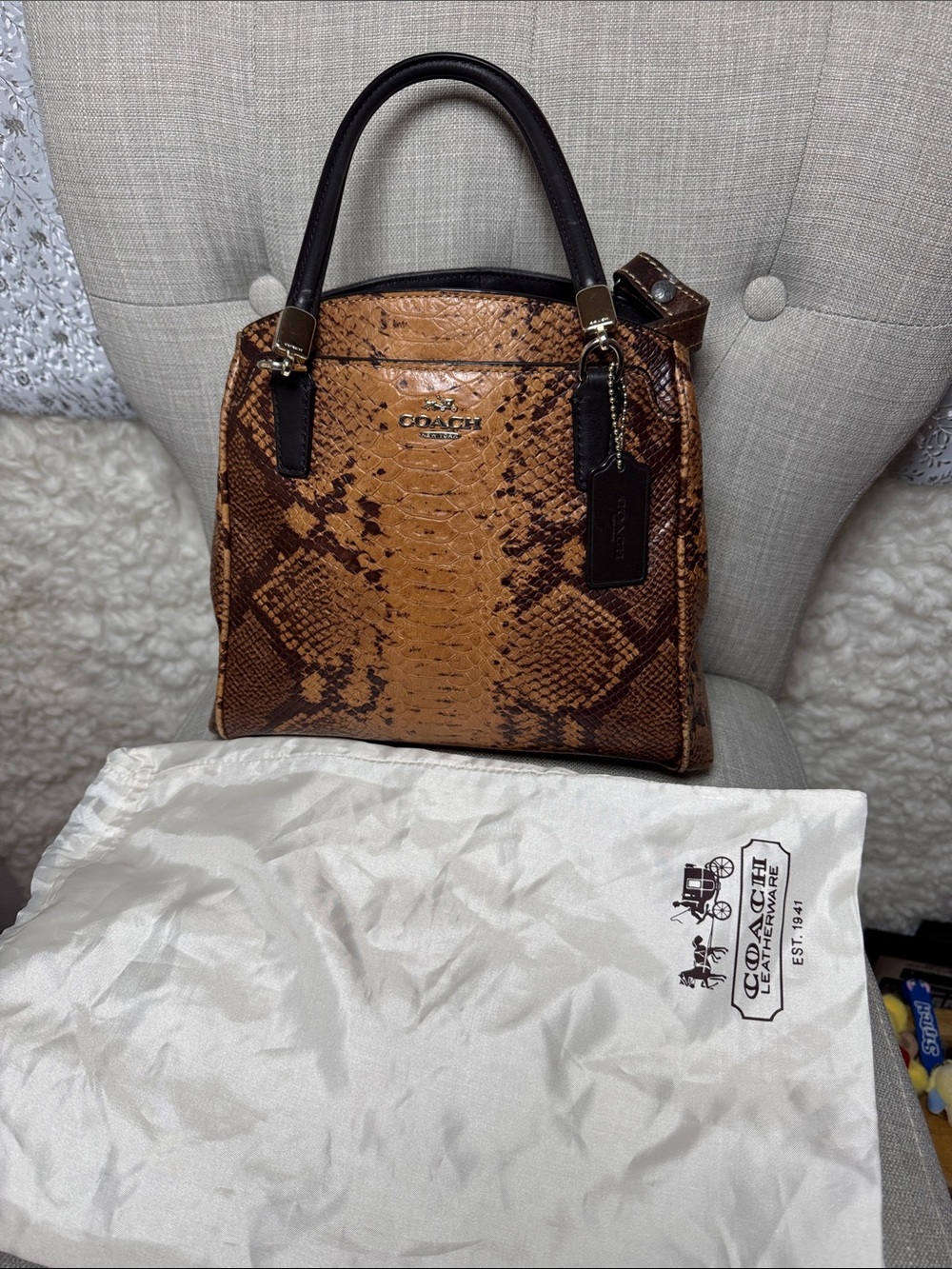 Coach Tan and Black Snake-Print Mini Satchel